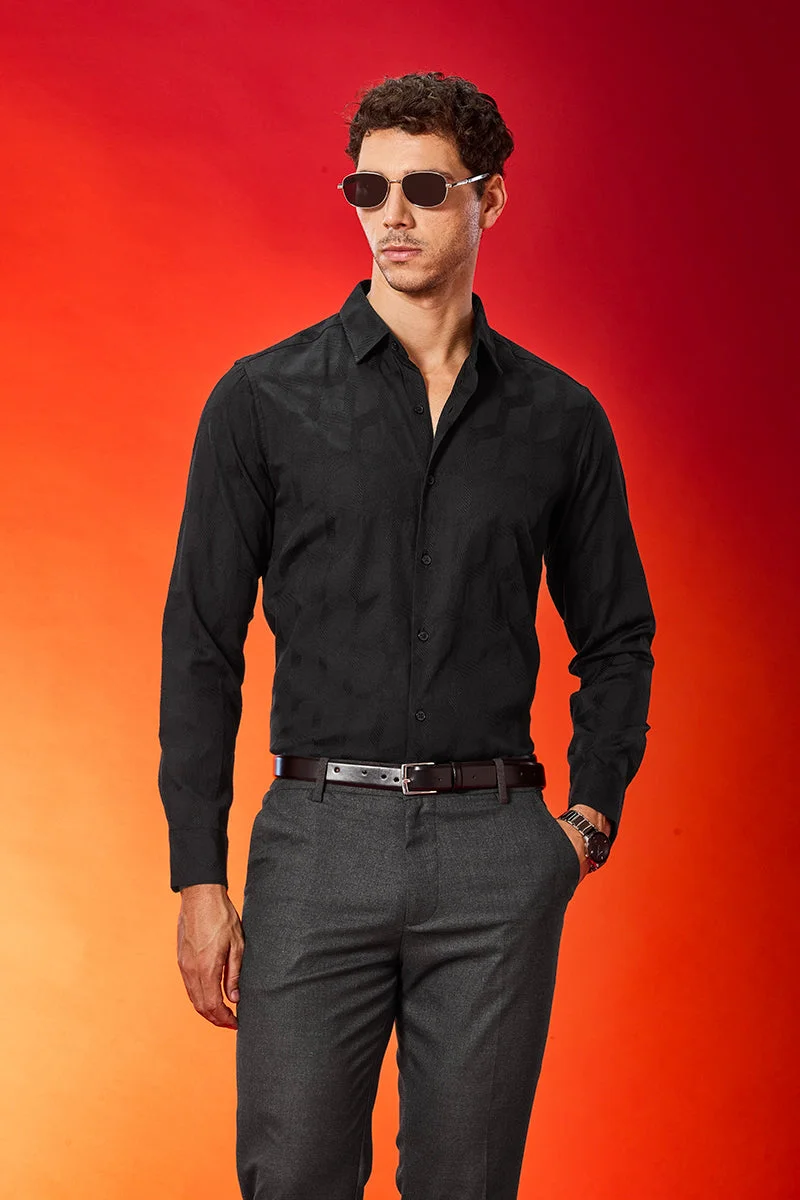 SNITCH Black Self-Design Slim Fit Shirt